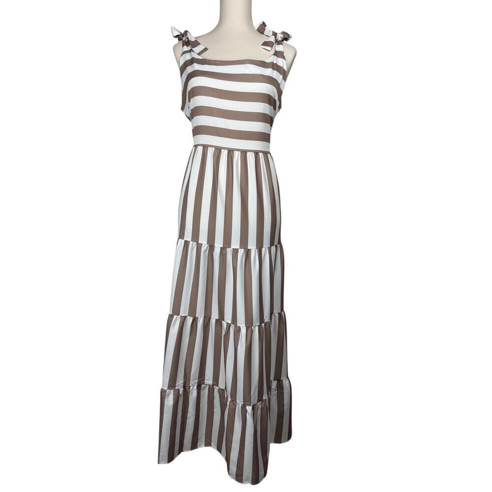 Brown White Striped Maxi Dress XL Tie Shoulder Tiered Summer Sundress